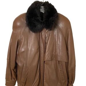 Andrew Marc Brown Soft Leather Bomber Jacket With Removable Opossum Vest L